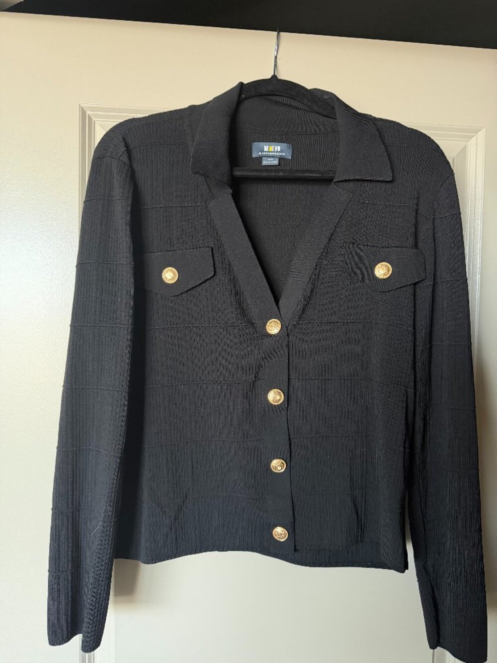 Maeve Anthropologie Black Double-Breasted Gold Button Blazer